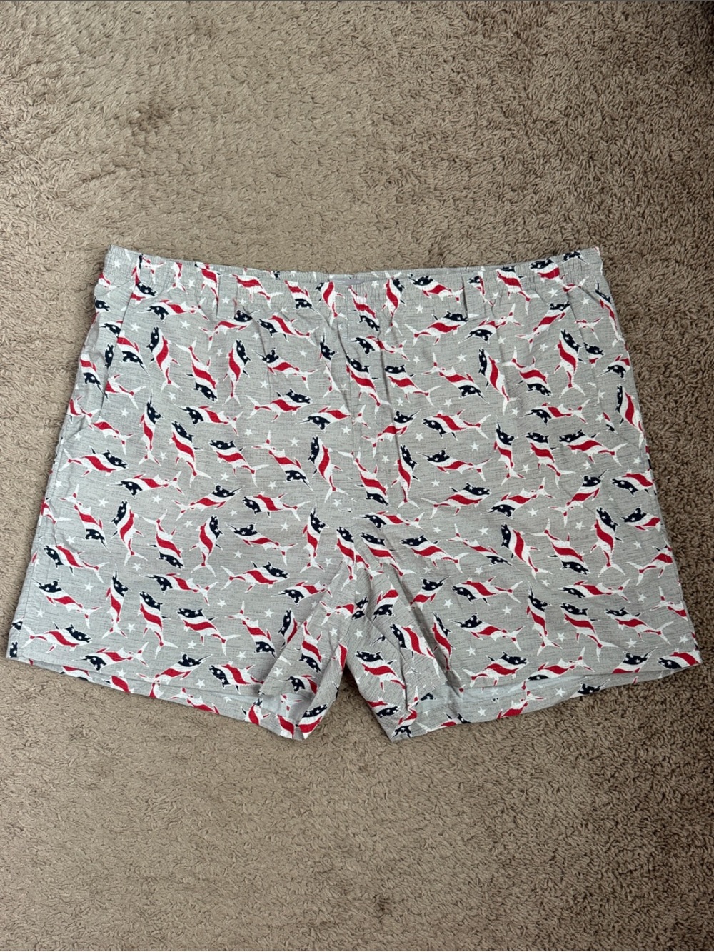 Columbia Men's Grey Swim Trunks with Red & Navy Flag Print